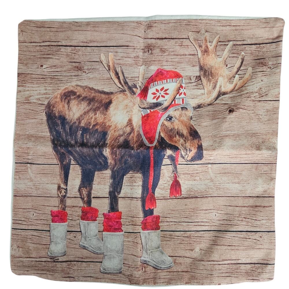 Christmas Moose Winter Hat Boots Rustic Canvas Throw Pillow Cover Farmhouse
